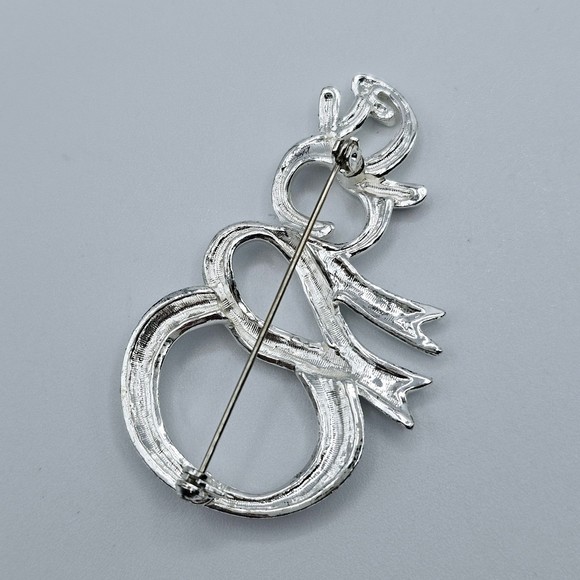 Snowman Brooch Vintage Silver Tone Ribbon Winter Christmas Holiday Statement Pin - Picture 5 of 6